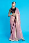 Buy_Aurouss_Pink Tissue Embroidery Gold Dabka Round Neck Pre-draped Saree With Velvet Blouse _at_Aza_Fashions