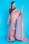 Aurouss_Pink Tissue Embroidery Gold Dabka Pre-draped Saree With Velvet Blouse _Online_at_Aza_Fashions