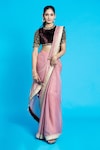 Buy_Aurouss_Pink Tissue Embroidery Gold Dabka Pre-draped Saree With Velvet Blouse _Online_at_Aza_Fashions