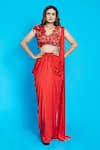 Buy_Aurouss_Red Lycra Embroidery Dabka V Neck Pre-draped Saree With Tonal Blouse _at_Aza_Fashions