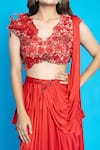 Shop_Aurouss_Red Lycra Embroidery Dabka V Neck Pre-draped Saree With Tonal Blouse _Online_at_Aza_Fashions