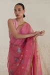 Surmaye_Pink Handwoven Organza Mulberry Silk Indulgence Jamdani Saree  _at_Aza_Fashions