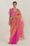 Buy_Surmaye_Pink Handwoven Mulberry Silk Zari Striped Cheer Dual Shaded Saree  _at_Aza_Fashions