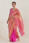 Surmaye_Pink Handwoven Mulberry Silk Zari Striped Cheer Dual Shaded Saree  _Online_at_Aza_Fashions