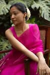 Surmaye_Pink Handwoven Organza Silk Wildflower Meadow Jamdani Stripe Saree _Online_at_Aza_Fashions