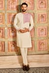 Buy_DiyaRajvvir_Yellow Cotton Silk Embroidery Thread Diamond Grid Kurta With Pant _at_Aza_Fashions