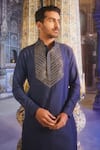 Shop_DiyaRajvvir_Blue Cotton Silk Embroidery Thread Metallic Vine Yoke Kurta With Pant _at_Aza_Fashions