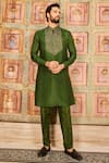 Buy_DiyaRajvvir_Green Cotton Silk Embroidery Thread Metallic Quad Vine Yoke Kurta With Pant _at_Aza_Fashions