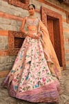 Shop_Aditi Gupta_Pink Lehenga Paithani Silk Woven Leaf Scallop V Neck Bridal Set  _Online_at_Aza_Fashions