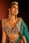 Shop_Aditi Gupta_Blue Lehenga Paithani Silk Woven Florette Cutwork V Neck Bridal Set _Online_at_Aza_Fashions