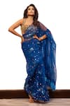 DILNAZ_Blue Net Embroidery Parsi Gara Flowers Floral Saree  _at_Aza_Fashions