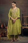 Buy_Hirika & Dhruti_Green Tissue Embroidery, Zari Collared Zardozi Kurta Set _at_Aza_Fashions