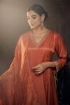 Hirika & Dhruti_Orange Silk, Chanderi, Cotton, Tissue Embroidery Pita Neckline Kali Kurta Set _Online_at_Aza_Fashions