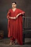 Buy_Hirika & Dhruti_Red Silk, Cotton, Organza Sequins, Embroidery V-neck Chaand Kurta Pant Set _at_Aza_Fashions