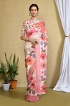 Buy_Samyukta Singhania_Beige Saree Cupro Organza Printed Floral High Majestic Blooms Blouse And Set_at_Aza_Fashions