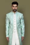 Shop_Aryavir Malhotra_Green Layered Sherwani Jaquard Silk Bud Bloom Damask With Aligadhi Pant_Online_at_Aza_Fashions