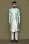 Aryavir Malhotra_Green Layered Sherwani Jaquard Silk Bud Bloom Damask With Aligadhi Pant_at_Aza_Fashions