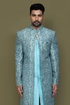 Shop_Aryavir Malhotra_Blue Layered Sherwani Jaquard Silk Vine Bloom With Aligadhi Pant _Online_at_Aza_Fashions