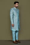 Shop_Aryavir Malhotra_Blue Layered Sherwani Jaquard Silk Vine Bloom With Aligadhi Pant 