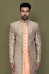 Shop_Aryavir Malhotra_Peach Layered Sherwani Jaquard Silk Vine Ivy With Aligadhi Pant _Online_at_Aza_Fashions