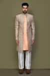 Aryavir Malhotra_Peach Layered Sherwani Jaquard Silk Vine Ivy With Aligadhi Pant _at_Aza_Fashions