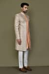 Shop_Aryavir Malhotra_Peach Layered Sherwani Jaquard Silk Vine Ivy With Aligadhi Pant 