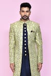 Shop_Aryavir Malhotra_Green Layered Sherwani Jaquard Silk Vine Gladiolus With Aligadhi Pant _Online_at_Aza_Fashions