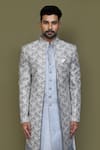 Shop_Aryavir Malhotra_Off White Layered Sherwani Jaquard Silk Vintage Fleur With Aligadhi Pant_Online_at_Aza_Fashions