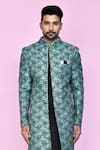 Shop_Aryavir Malhotra_Green Layered Sherwani Jaquard Silk Vintage Fleur Iris With Aligadhi Pant _Online_at_Aza_Fashions