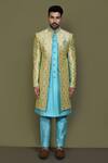 Buy_Arihant Rai Sinha_Blue Jacquard, Silk Embroidery Padma Garden Layered Sherwani With Aligadhi Pant _Online_at_Aza_Fashions