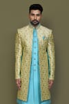 Shop_Arihant Rai Sinha_Blue Jacquard, Silk Embroidery Padma Garden Layered Sherwani With Aligadhi Pant _Online_at_Aza_Fashions