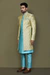 Arihant Rai Sinha_Blue Jacquard, Silk Embroidery Padma Garden Layered Sherwani With Aligadhi Pant _at_Aza_Fashions