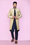 Buy_Aryavir Malhotra_Beige Layered Sherwani Jaquard Silk Gardenia With Aligadhi Pant _at_Aza_Fashions