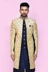 Shop_Aryavir Malhotra_Beige Layered Sherwani Jaquard Silk Gardenia With Aligadhi Pant _Online_at_Aza_Fashions