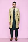 Buy_Aryavir Malhotra_Beige Layered Sherwani Jaquard Silk Gardenia Mughal With Aligadhi Pant _Online_at_Aza_Fashions