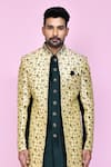 Shop_Aryavir Malhotra_Beige Layered Sherwani Jaquard Silk Gardenia Mughal With Aligadhi Pant _Online_at_Aza_Fashions