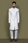 Shop_Aryavir Malhotra_Off White Sherwani Imported Jaquard Silk Bloom With Aligadhi Pant _Online_at_Aza_Fashions