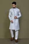 Buy_Aryavir Malhotra_Grey Sherwani Imported Jaquard Silk Blossom Flowery With Aligadhi Pant_at_Aza_Fashions