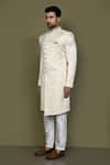 Aryavir Malhotra_Gold Sherwani Imported Jaquard Silk Flora Garden With Aligadhi Pant _at_Aza_Fashions