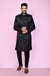 Buy_Aryavir Malhotra_Black Sherwani Imported Jaquard Silk Night Bloom With Aligadhi Pant_at_Aza_Fashions