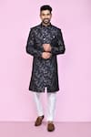 Buy_Arihant Rai Sinha_Black Jacquard, Silk Embroidery Botanic Bloom Sherwani With Aligadhi Pant _at_Aza_Fashions