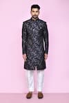 Shop_Arihant Rai Sinha_Black Jacquard, Silk Embroidery Botanic Bloom Sherwani With Aligadhi Pant _Online_at_Aza_Fashions