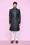 Shop_Arihant Rai Sinha_Blue Jacquard, Silk Embroidery Fleur Bloom Sherwani With Aligadhi Pant _Online_at_Aza_Fashions