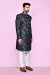 Buy_Arihant Rai Sinha_Blue Jacquard, Silk Embroidery Fleur Bloom Sherwani With Aligadhi Pant 
