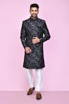 Buy_Aryavir Malhotra_Black Sherwani Imported Jaquard Silk Bloom Garden With Aligadhi Pant _at_Aza_Fashions