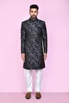 Buy_Aryavir Malhotra_Black Sherwani Imported Jaquard Silk Bloom Garden With Aligadhi Pant _Online_at_Aza_Fashions