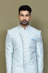 Shop_Aryavir Malhotra_Blue Sherwani Jacquard Silk Woven Geometric Set _Online_at_Aza_Fashions