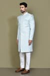 Aryavir Malhotra_Blue Sherwani Jacquard Silk Woven Geometric Set _at_Aza_Fashions