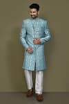 Buy_Aryavir Malhotra_Blue Sherwani Jacquard Silk Woven Leaf Set _at_Aza_Fashions