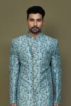 Shop_Aryavir Malhotra_Blue Sherwani Jacquard Silk Woven Leaf Set _Online_at_Aza_Fashions